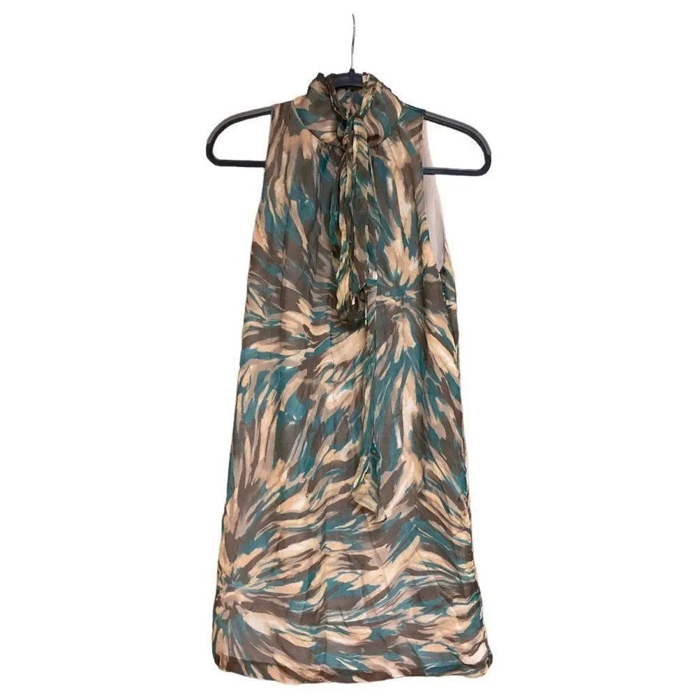 MILLY OF NEW YORK Sleeveless High Neck Dress Silk Green Brown Size 6 Retro